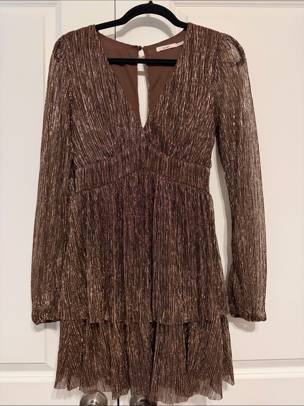 miami Bronze Metallic Long-Sleeve V-Neck Pleated Dress